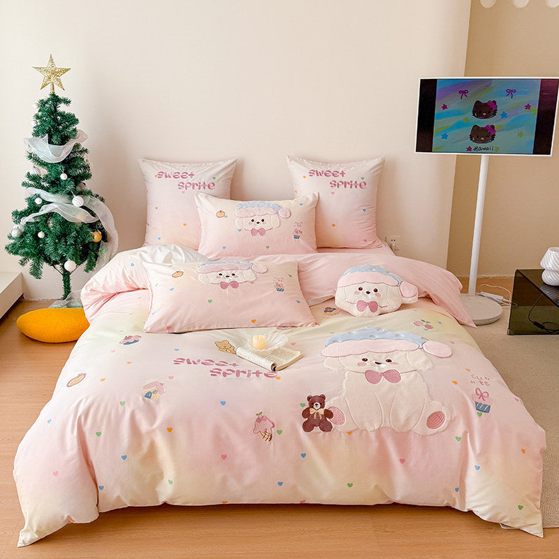 Plüsch Bestickte Baumwollsatin Cartoon Schaf Bettwäsche Set mit Dekokissen und Kissenbezügen