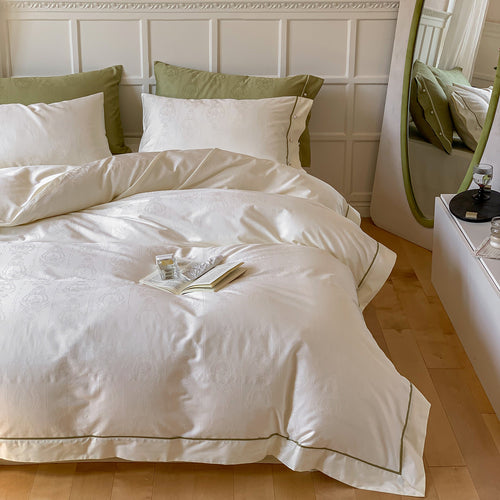 Premium Jacquard-Baumwoll-Satin Bettwäsche-Set mit subtiler Medaillon-Webart und Kontrastpaspel