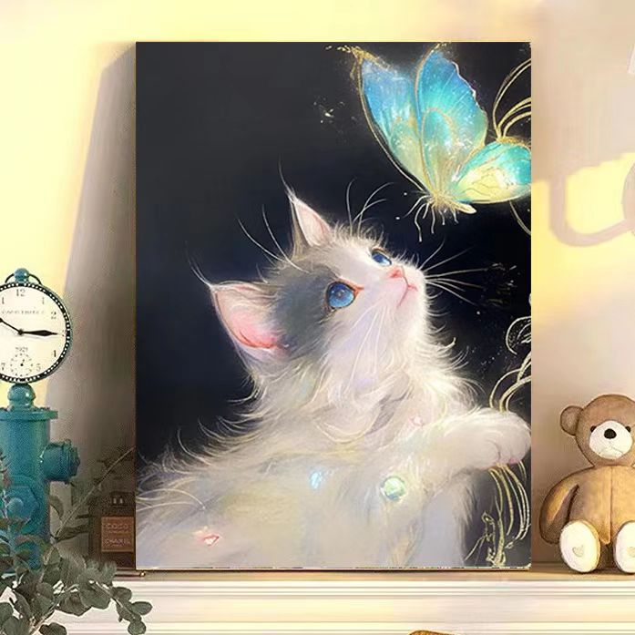 Verzaubernder Katzen- und Schmetterlings-Kunstdruck Karnz