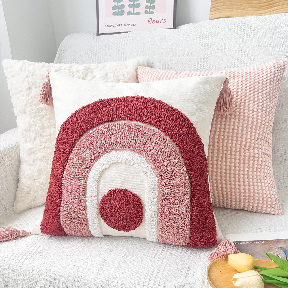 Quadratischer Boho-Kissenbezug mit handtuftetem Regenbogen‑Relief, Eckquasten und Baumwoll‑Leinen‑Mix Karnz