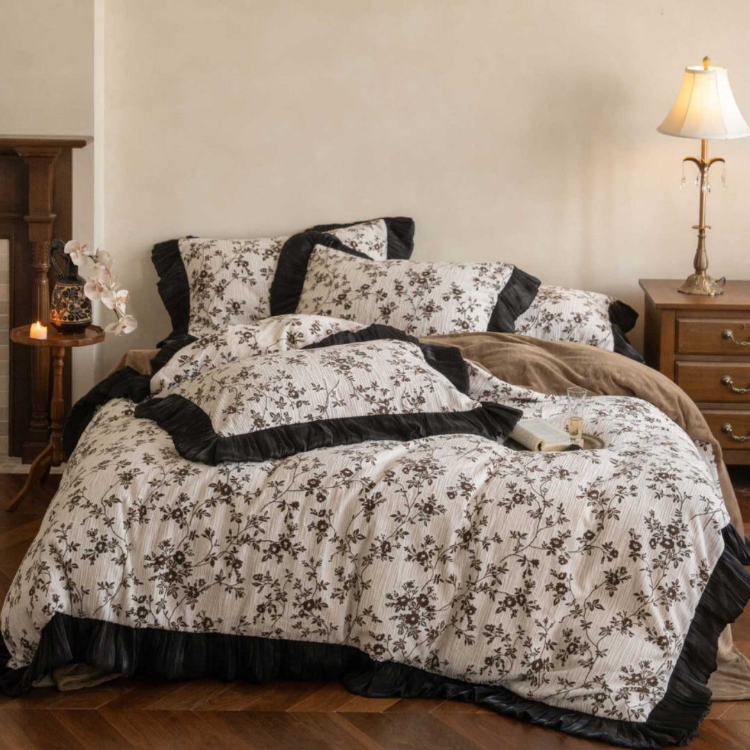 Umkehrbare Blumen Baumwolle Bettbezug Set mit Samt Rüsche Trim und passenden Kissenbezügen