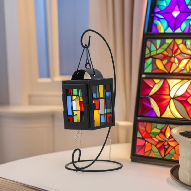 Buntglas-Mosaik-Hängeteelichthalter mit Metallrahmen Karnz