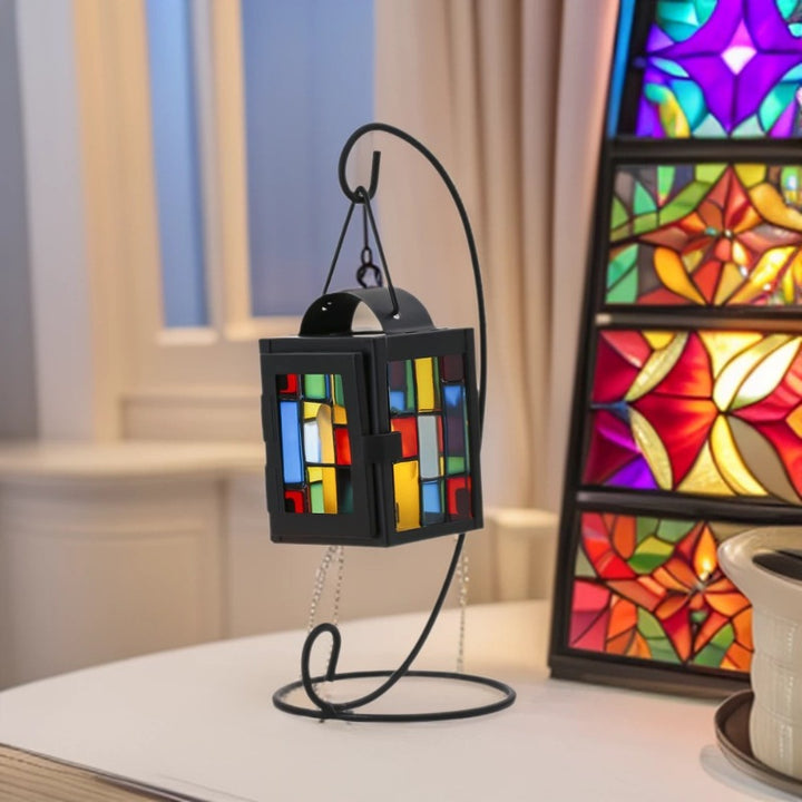 Buntglas-Mosaik-Hängeteelichthalter mit Metallrahmen Karnz