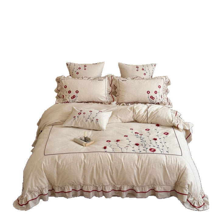 Bettwäsche-Set aus Baumwolle mit floraler Stickerei und verspieltem Rüschensaum