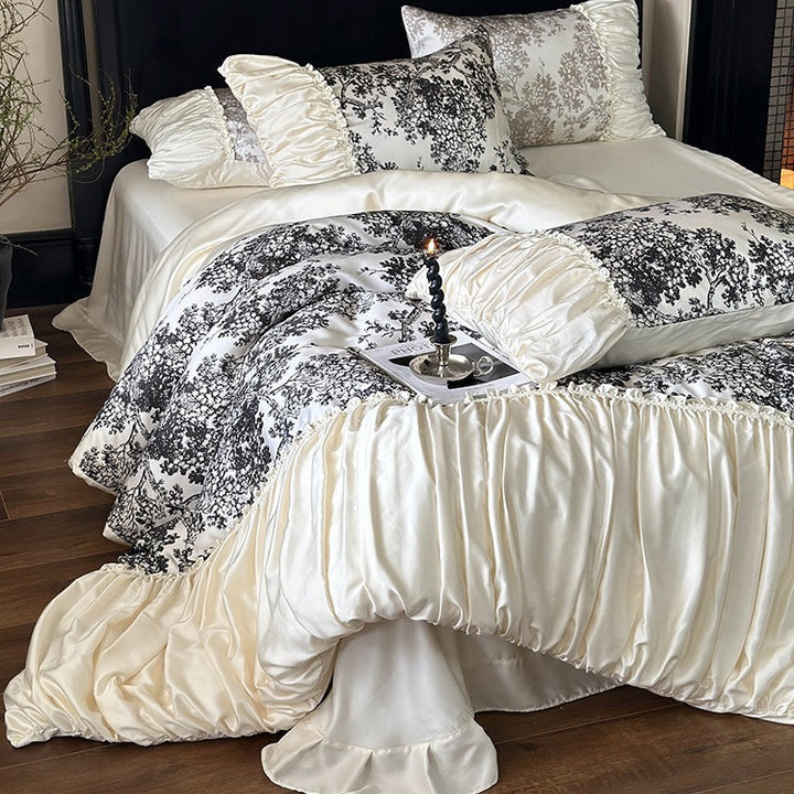 Premium-Baumwollsatin-Duvetbezug-Set mit gerafftem Volant und dekorativem Bettrock