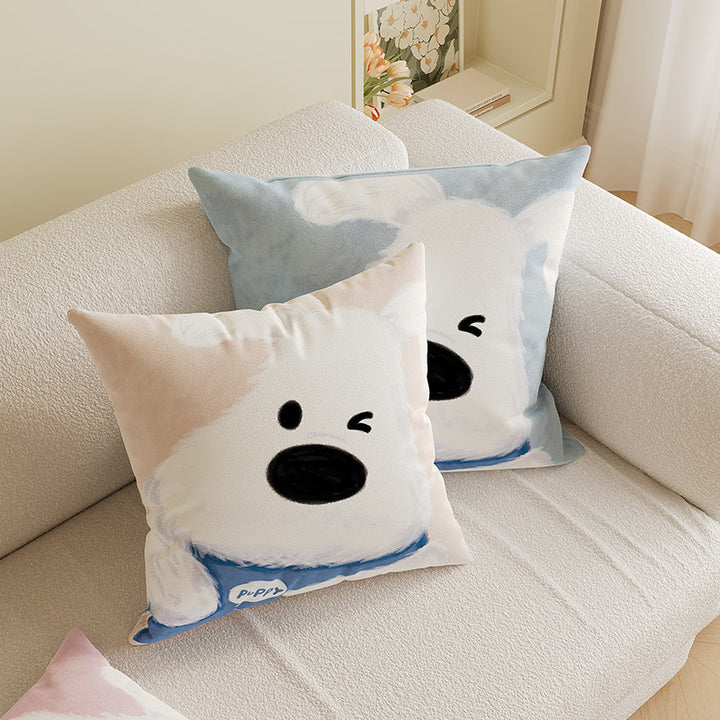 Square Decorative Throw Pillow Cover with Cute Cartoon Cat Illustration and Vertical Pink Stripe Linen-Blend
