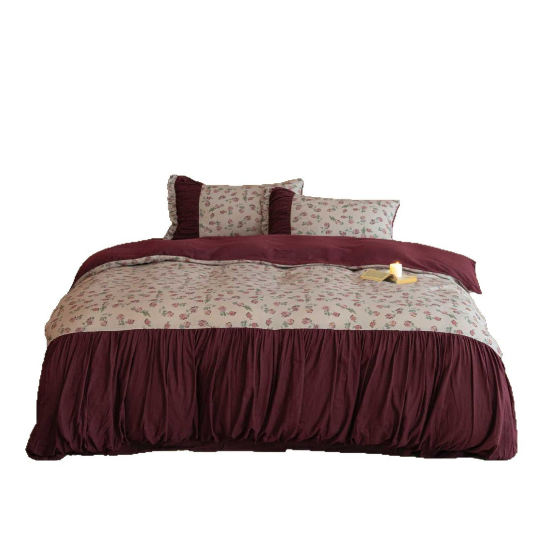 Romantisches Baumwollsatin-Bettwäscheset mit gerafftem Bettrock und floralem Print
