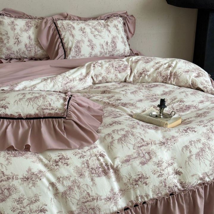 Romantisches Toile-Druck Rüschende Bettbezug-Set mit Schichten Bettrock