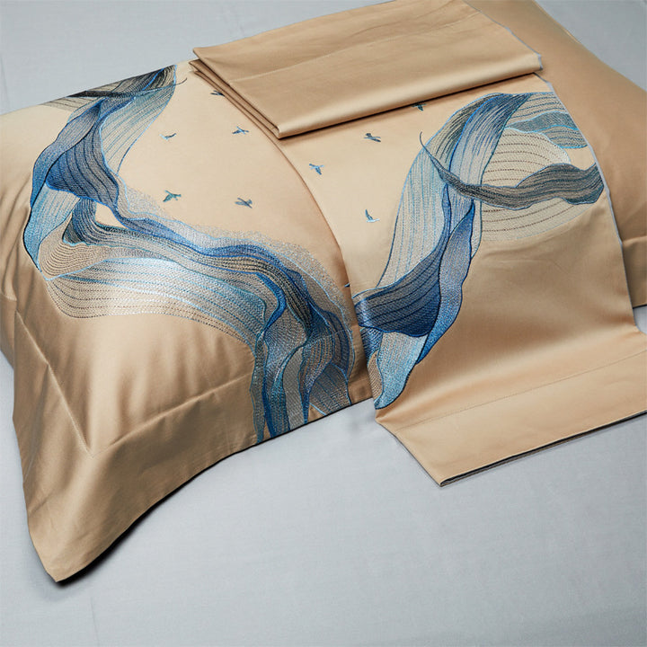 Luxus Baumwoll-Satin Bettwäsche Set mit fließendem Aquarell Wellenmuster & Oxford Kissenbezügen