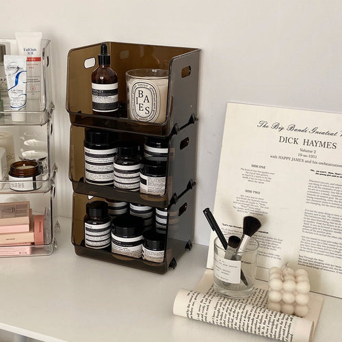 Stapelbares Rauchfarbenes Acryl-Kosmetikorganizer-Set mit Grifföffnungen