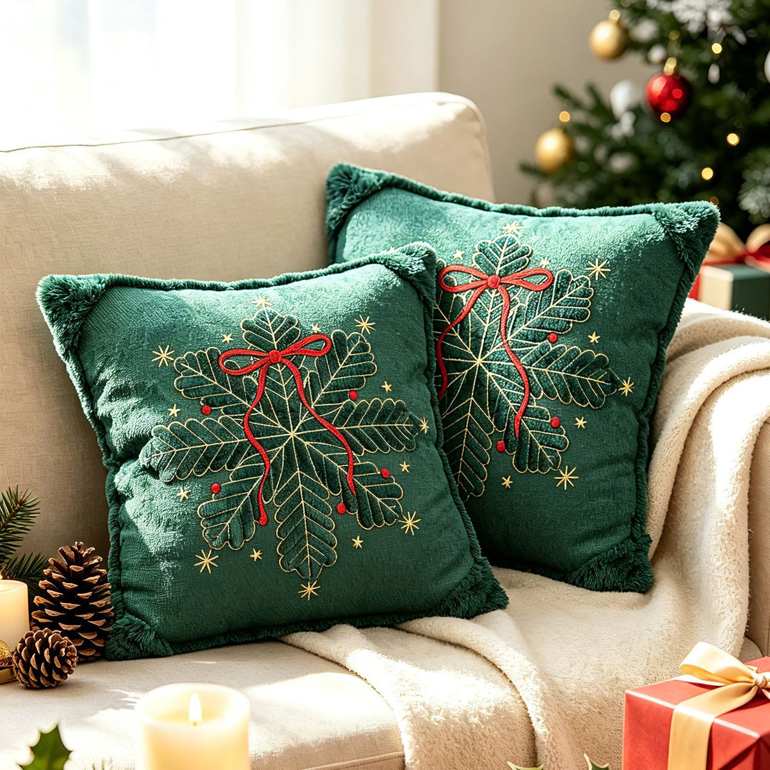 Luxuriös besticktes Samt Weihnachts-Wurfkissen mit Kunstfell-Fransen