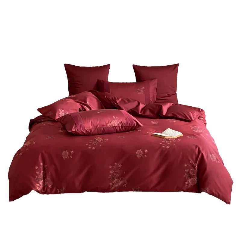 Premium-Satin-Bettwäsche-Garnitur mit dezentem Rosenjacquard und Hotelverschluss
