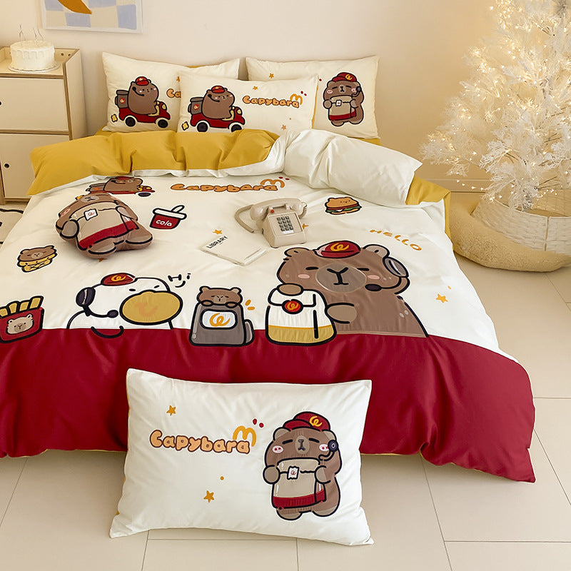 Kinder Cartoon Katze Baumwollsatin Bettbezug Set mit ohrförmigen Kissenbezügen und plüschigem Akzentkissen