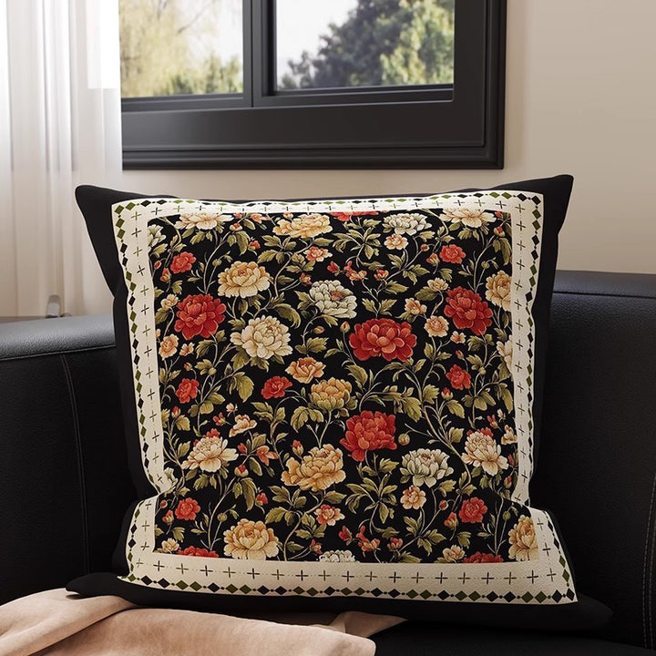 Square Velvet Accent Pillow Cover with Vintage Botanical Tapestry Print and Contrast Border
