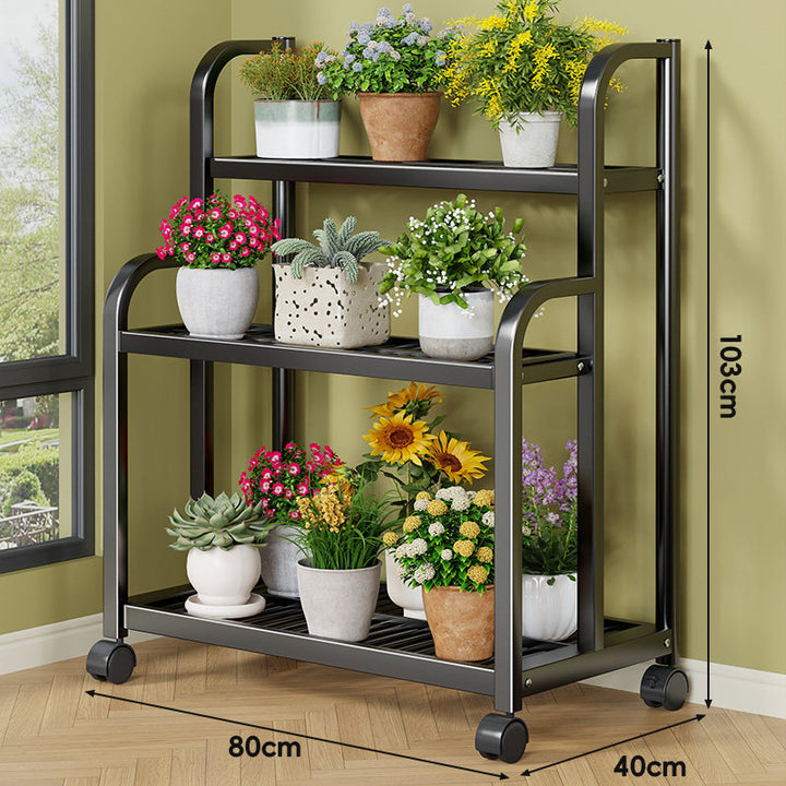 Drei-Ebenen Rollbares Metall Pflanzen Display Regal