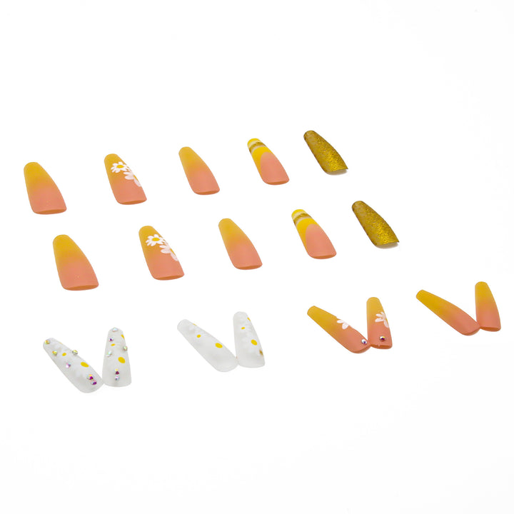 Kunstnagelset mit bunten Sonnenblumenmotiven und glitzernden Akzenten Karnz