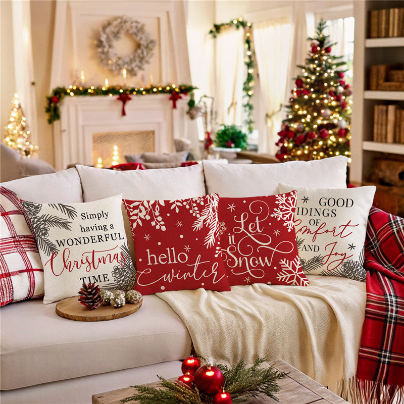 Dekorativer Baumwoll-Leinen Quadrat Kissenbezug Hallo Winter Schriftzug Druck