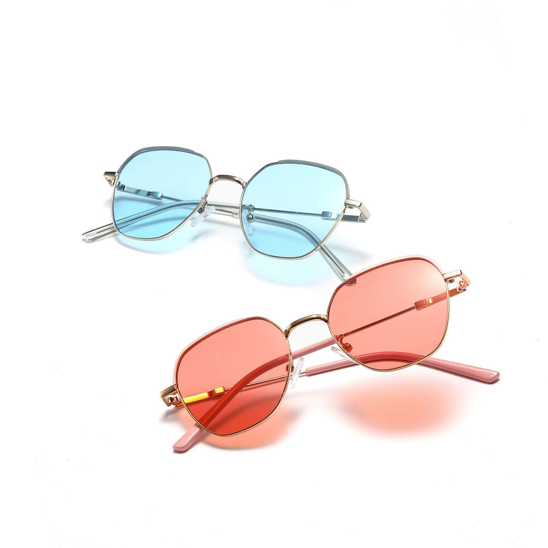 Damen modische Sonnenbrille mit schmalem Metallrahmen und blauen Gläsern Karnz