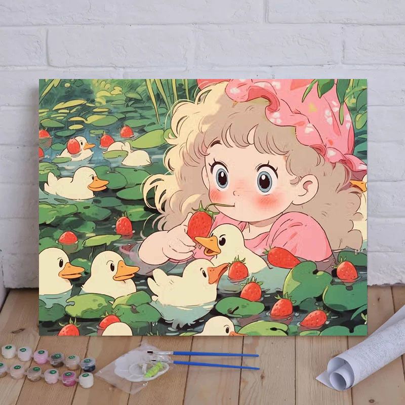Cartoon Cat und Mädchen Themenleinwand Malset nach Zahlen Karnz
