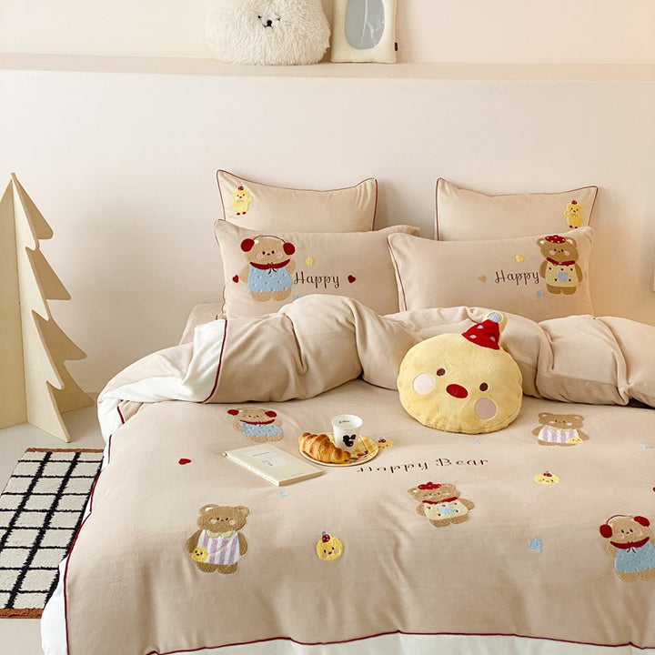 Wendbares Kuscheliges Bettbezug- und Kissenbezug-Set mit bestickten Welpen-Applikationen
