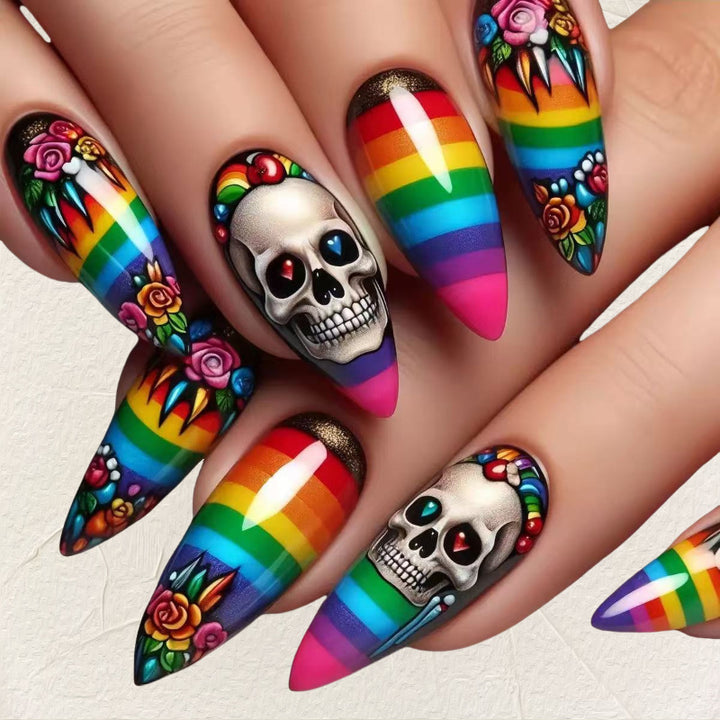 Kreative Kunstnägel im Totenkopf- und Regenbogen-Design Karnz