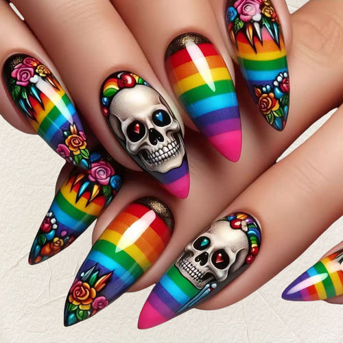Kreative Kunstnägel im Totenkopf- und Regenbogen-Design Karnz