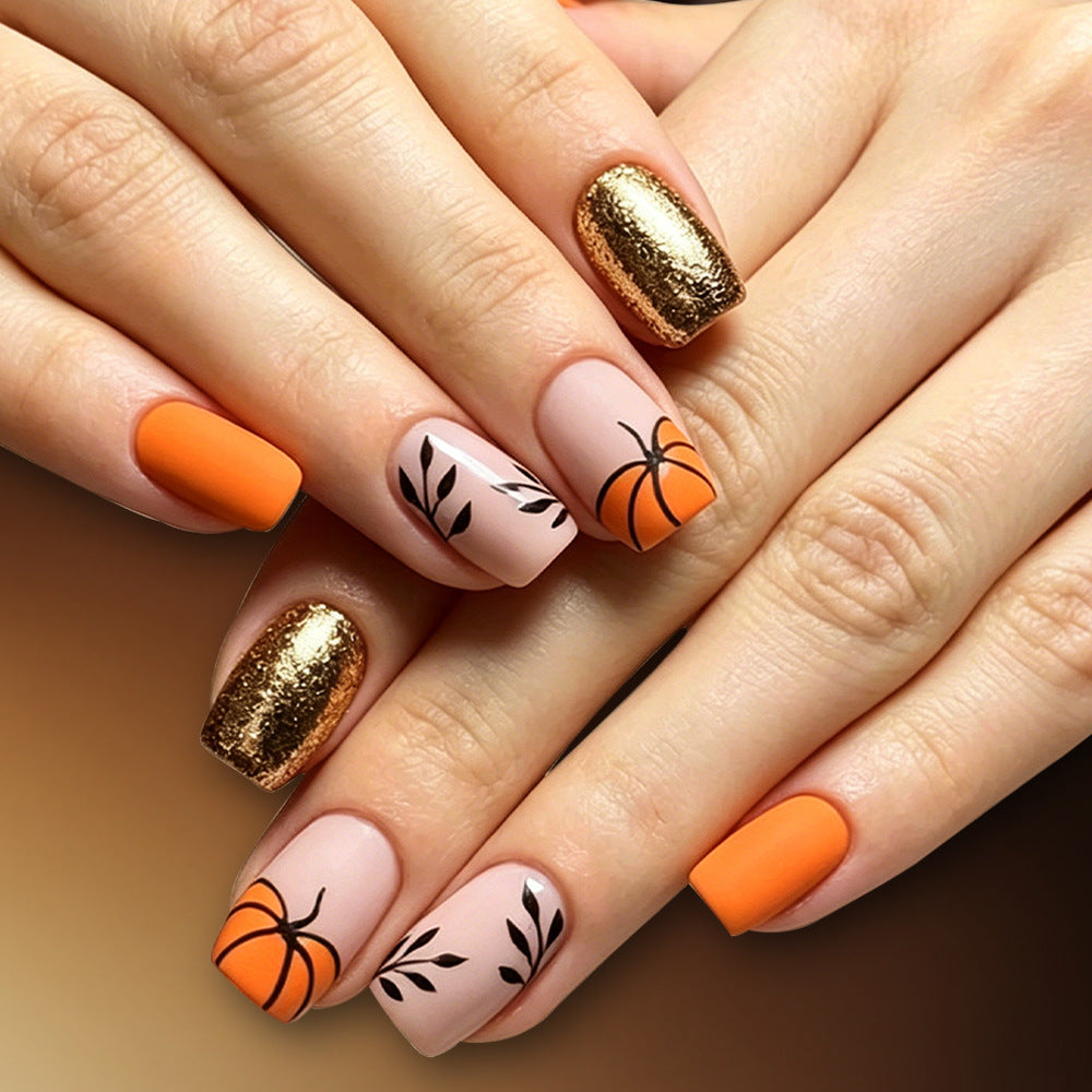 Dekorativer Press-On Nagelkunst-Set mit Kürbisdesign Karnz