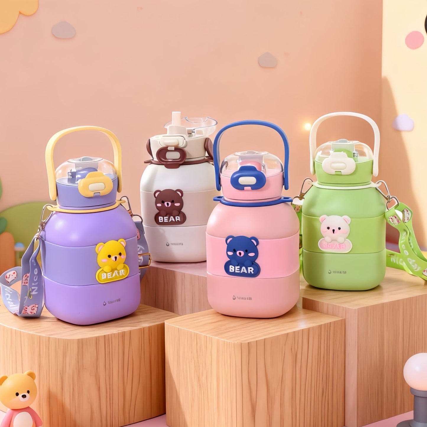 Damen Isolierte Trinkflasche mit integriertem Tragegurt und Tiermotiv Karnz