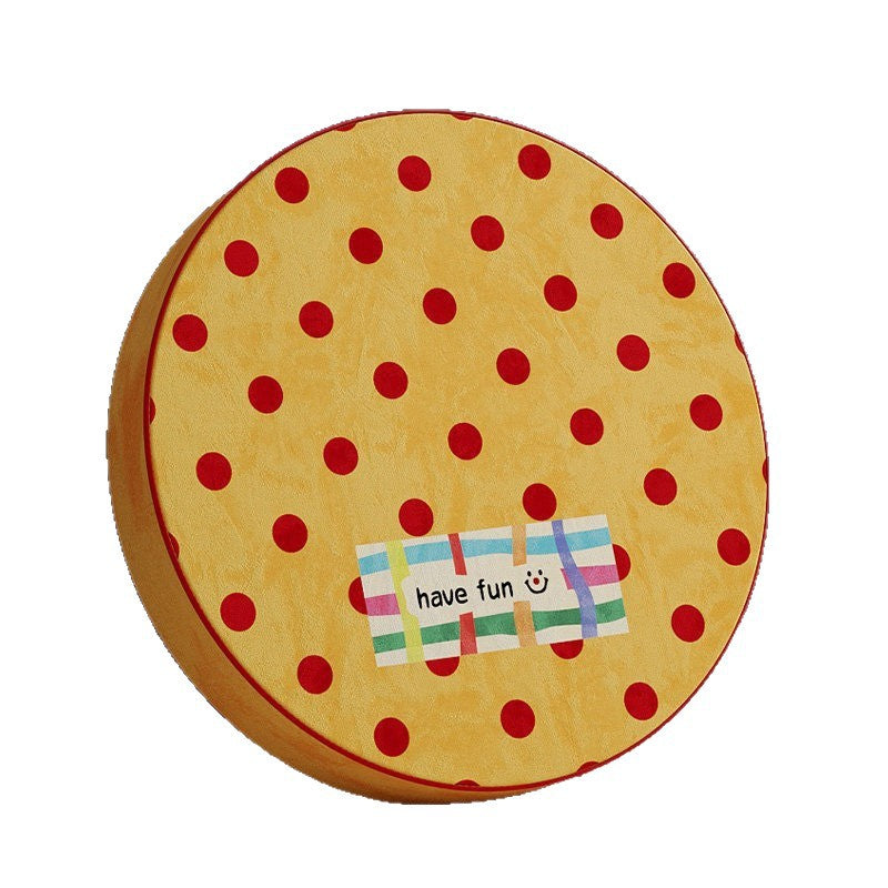 Round Plush Floor Cushion Pouf with Polka Dot Texture and Playful Have Fun Patch