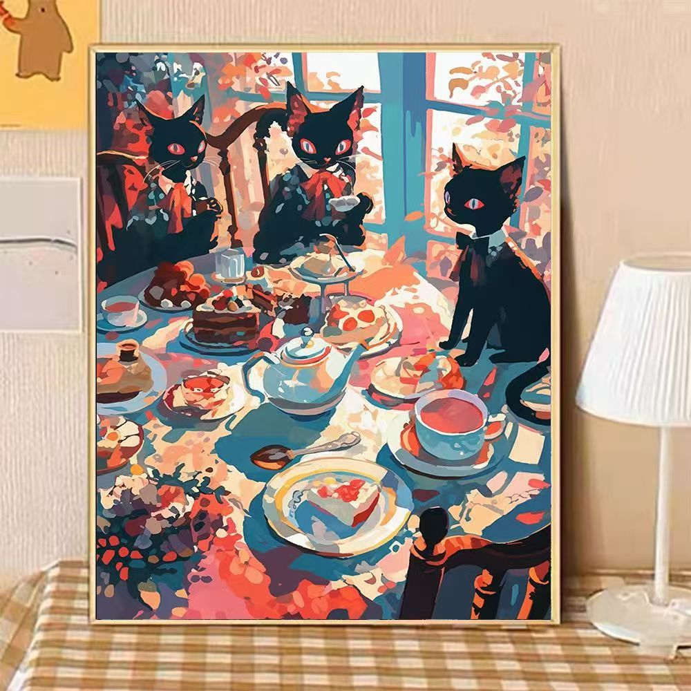Verspielte katzenmotivierte Nachmittags-Tee-Leinwandkunst Karnz