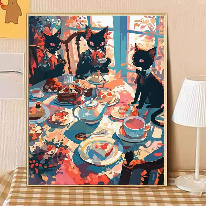 Verspielte katzenmotivierte Nachmittags-Tee-Leinwandkunst Karnz