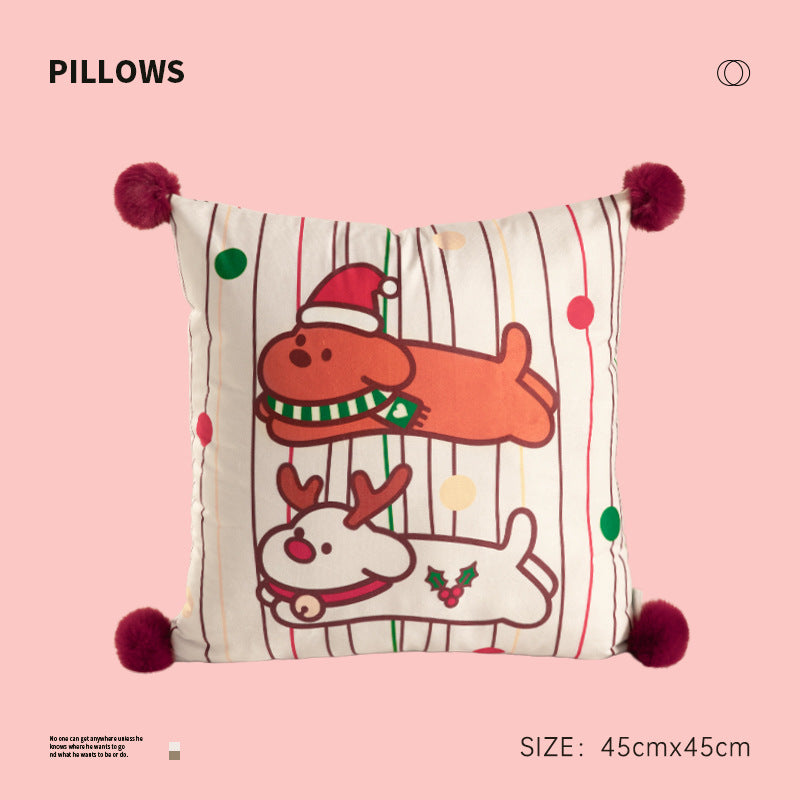 Quadratisches Weihnachts-Dekokissen mit Bommel-Ecken und bedrucktem Hunde-Motiv