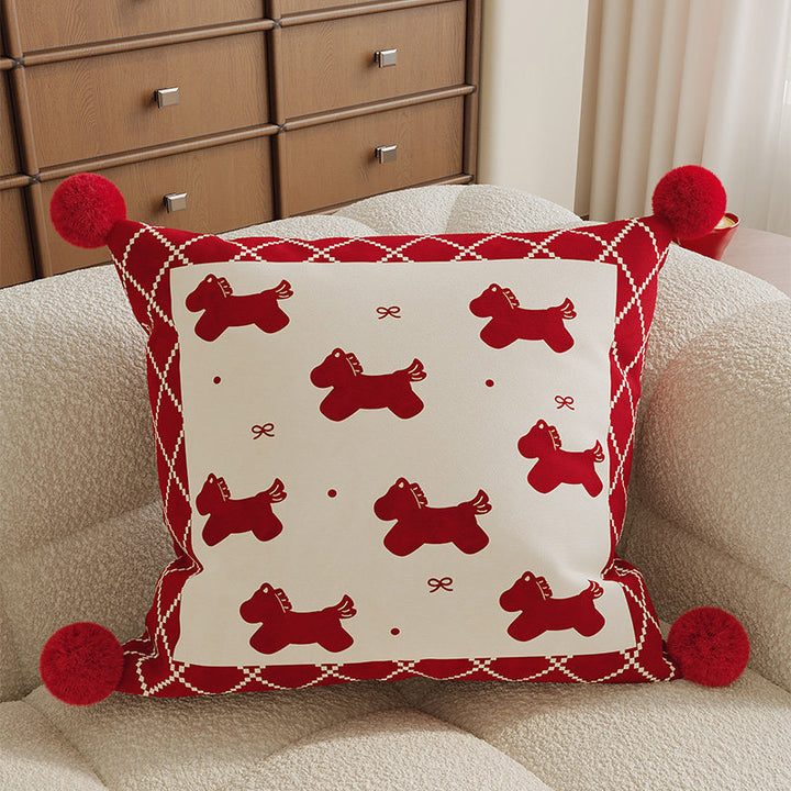 Decorative Square Pom-Pom Throw Pillow Cover with Jacquard Floral Motif