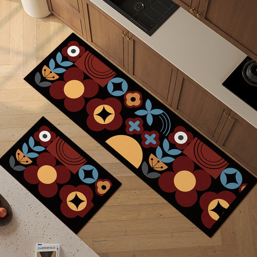 Non-Slip Absorbent Kitchen Runner and Matching Small Entrance Mat Set with Tropical Leaf Abstract Print