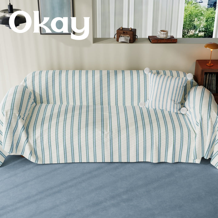 Striped Quilted Sofa Slipcover with Pom-Pom Accent Pillowcase