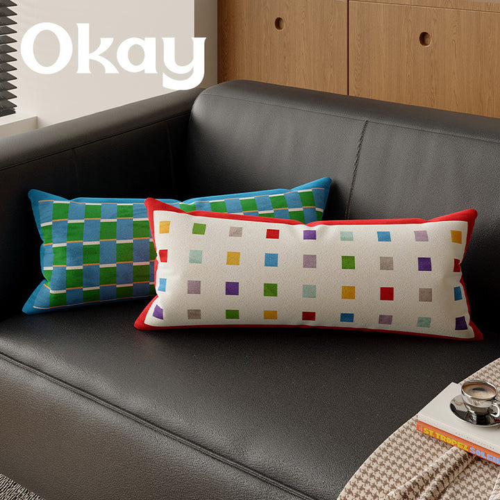 Long Lumbar Velvet Pillow Cover with Checkerboard Textured Panel and Hidden Zipper