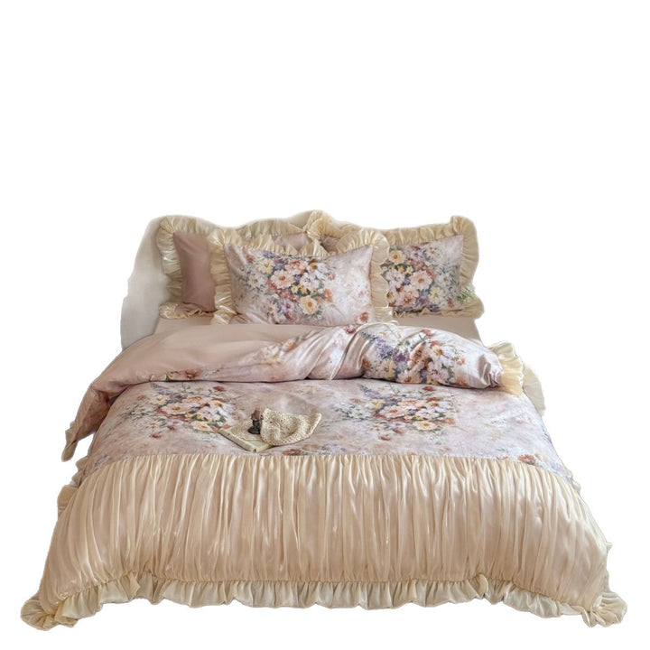 Bettwäsche-Set mit romantischem Blumenmuster und gerafftem Satinvolant