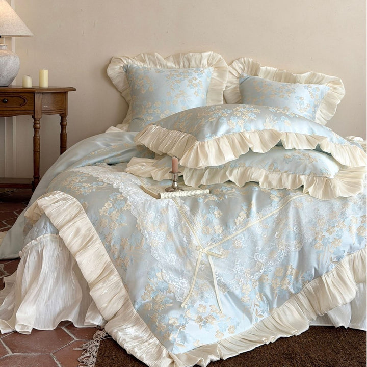 Gerüschtes Jacquard Floral Satin-Besatz Bettwäsche-Set mit Kissenbezug