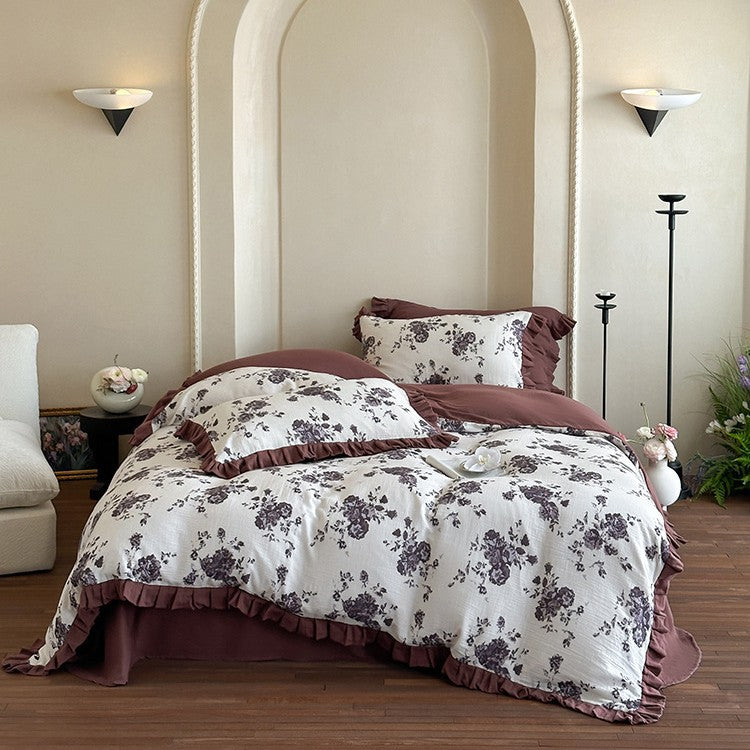 Bettwäsche-Set aus Baumwoll-Gauze mit romantischem Blumenprint und voluminösem Volant