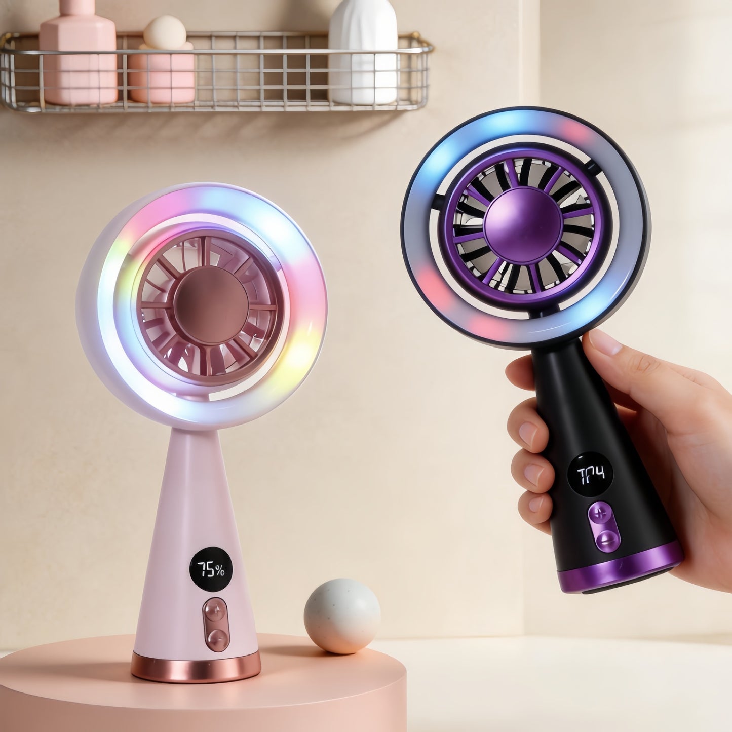 Damen Tragbarer Mini-Ventilator mit LED-Beleuchtung und digitaler Geschwindigkeitsanzeige Karnz