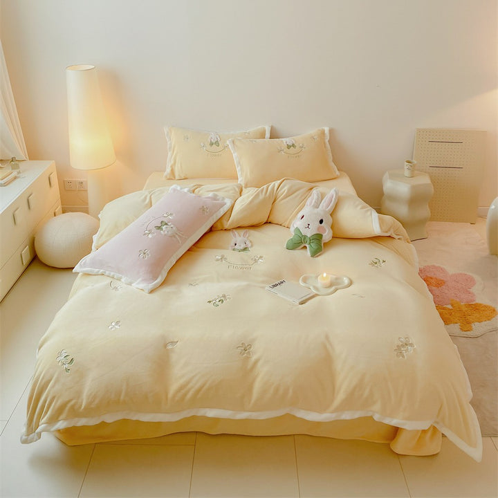 Bestickte Blumen Kaninchen Bettbezug & Kissenbezug Bettwäsche Set