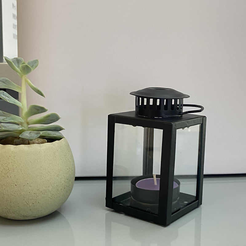 Mini Metall Teelicht Laterne mit Glasplatten und faltbarem Tragegriff Karnz