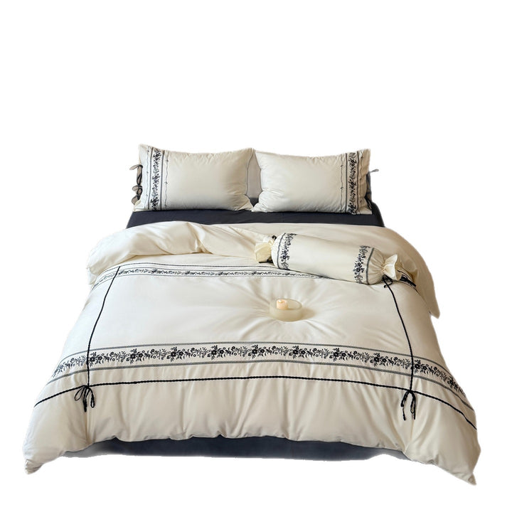 Luxuriös gesticktes Baumwoll-Bettbezug-Set mit Bolster und Kissenbezügen mit Bindeband