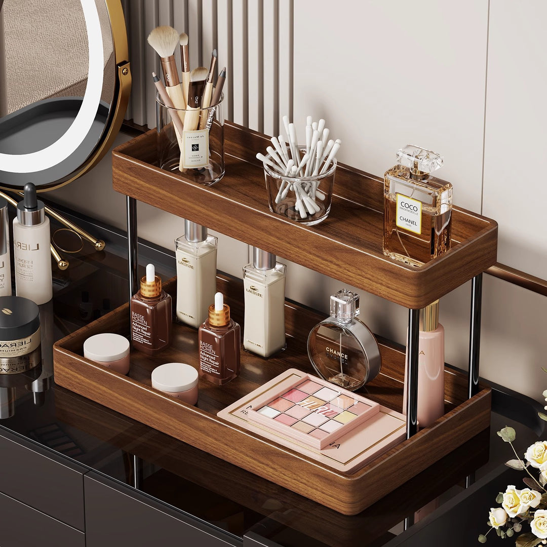 Zwei-Ebenen Holzkosmetikschreibtisch Organizer mit Metallpfeilern