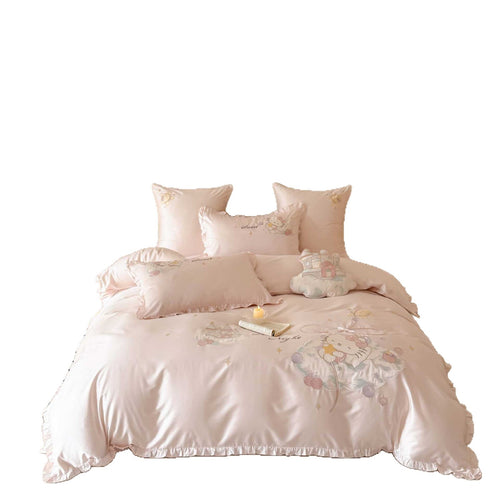 Satin-Effekt Rüschende Bettbezug Set mit besticktem Cartoon-Motiv