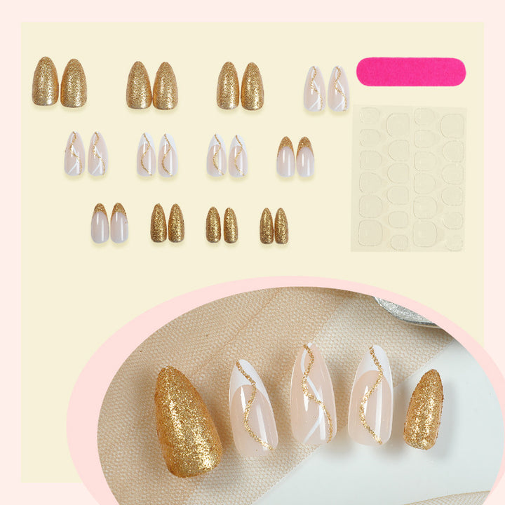 Elegantes Press-On-Nail-Set mit Glitzer und goldenen Wirbelakzenten Karnz