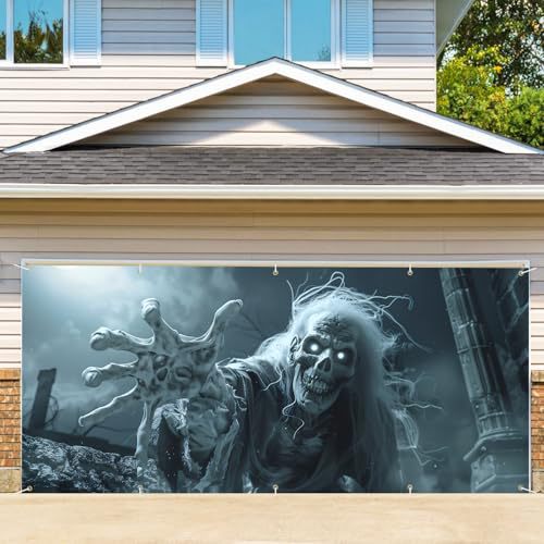 Großformatiger Halloween-Fotohintergrund aus wetterfestem Polyester mit geöstem Befestigungsrand und leuchtendem Haunted-House-Motiv
