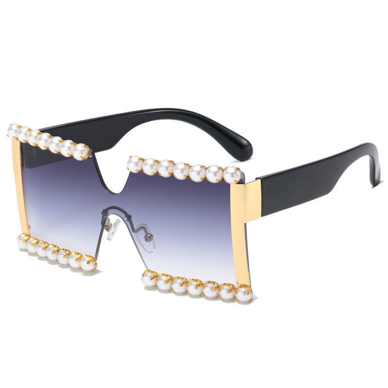 Damen extravagante Rechteck-Sonnenbrille mit Perlenschmuck und UV-Schutz Karnz
