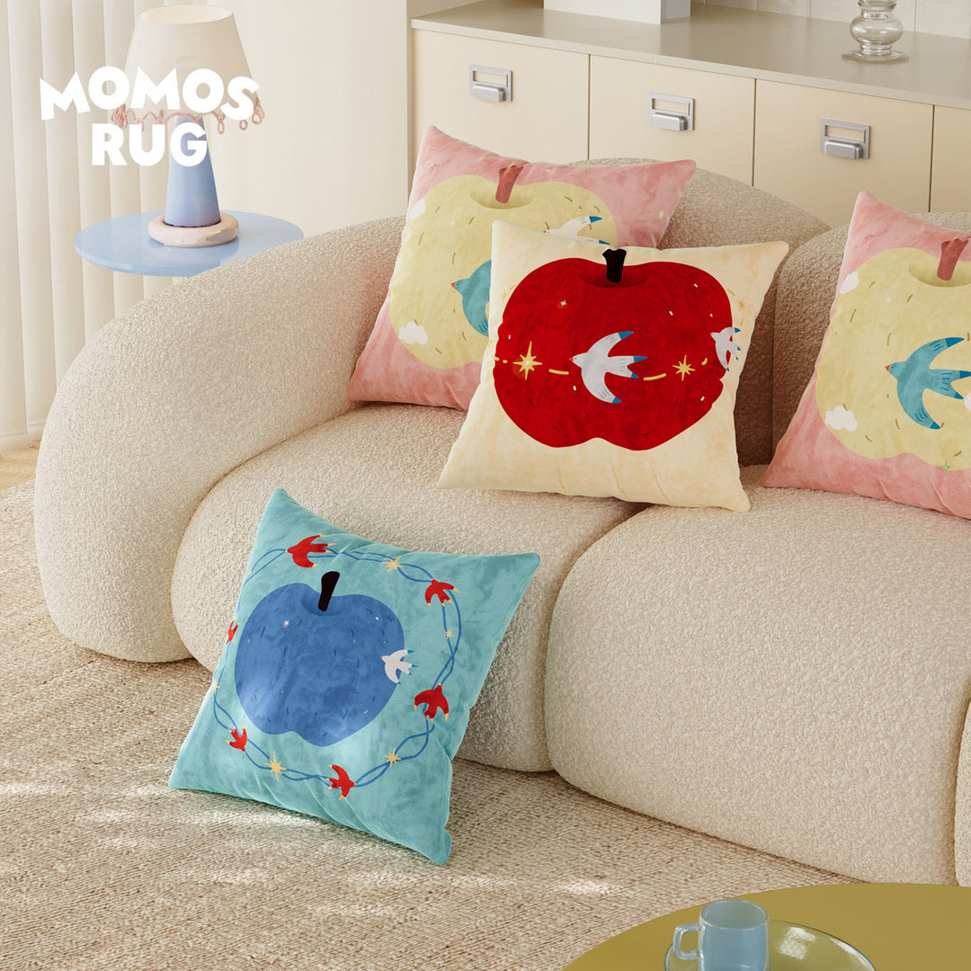 Decorative Velvet Square Throw Pillow with Illustrated Apple & Swallow Motif