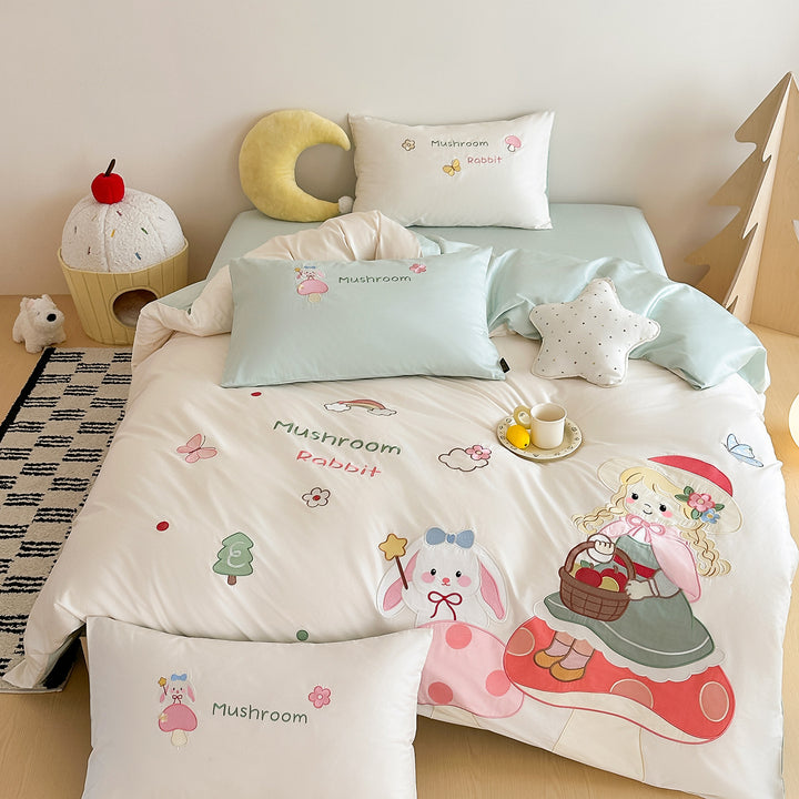 Kinder Cartoon Bestickte Pink Bettbezug Bettwäsche Set